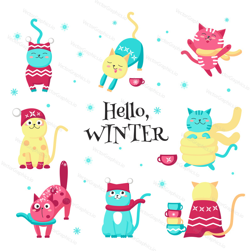Winter cats. Vector illustration isolated on white background. Cute funny kittens wearing warm knitted hats, scarves and sweaters for greeting card, sticker, print.