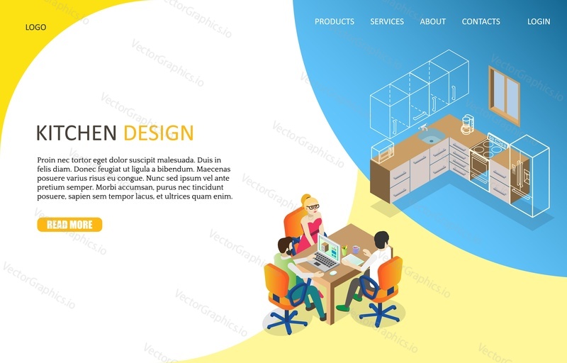 Kitchen design landing page website template. Vector isometric illustration of designer creating kitchen while placing furniture 3d models using desktop computer. Online interior design concept.