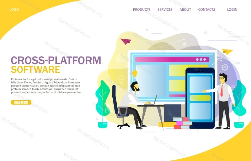Cross-platform software landing page website vector template. Software application for multiple operating systems or platforms computers and mobile devices. Cross platform app development services.