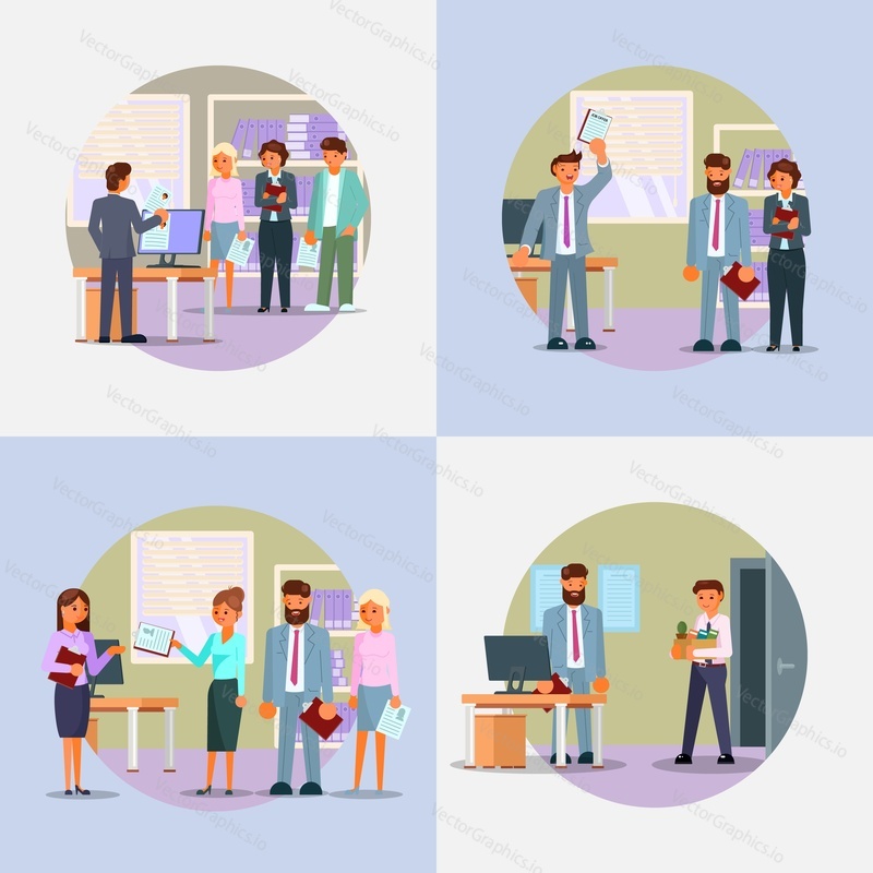 Sada ikon procesu náboru. Vektorové ploché ilustrace. Zaměstnavatel a kandidáti s životopisem nebo životopisem. Lidské zdroje, nabídka práce, nábor, řízení lidských zdrojů, koncept pracovního pohovoru.