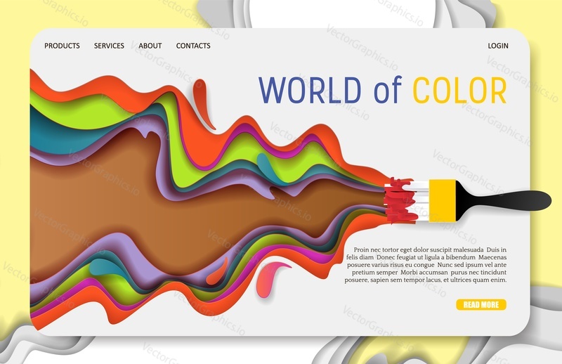Šablona webových stránek vstupní stránky World of color. Vektorový papír řez štětec a barevný štětec tah. Barevné vrstvy barvy v papírovém řemeslném stylu.