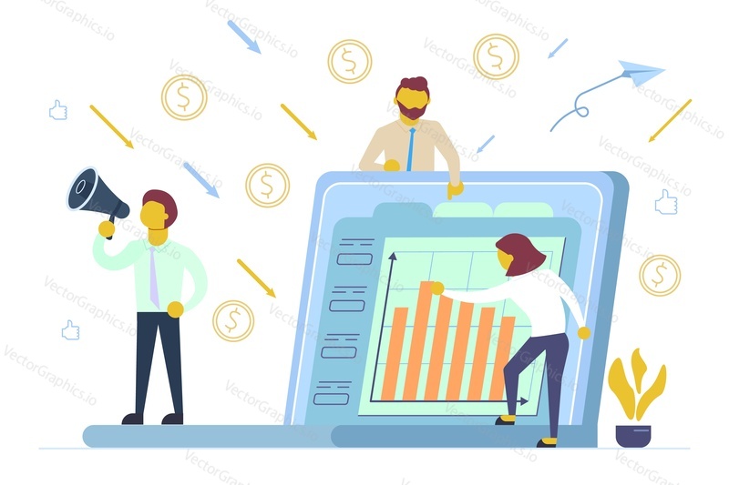 Financial investments concept vector flat illustration. Business people searching for investor.