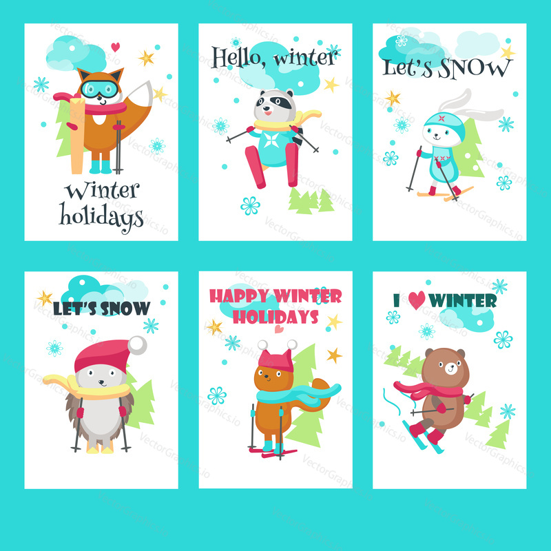 Vector set of cards with cute animals enjoying skiing and winter quotations. Funny little raccoon fox squirrel bear hedgehog and rabbit having fun in winter.