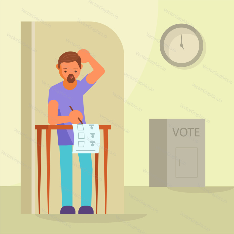 Voting and election concept vector flat illustration. Polling day. Voter male choosing his candidate or political party local representative like mayor etc while marking ballot paper at polling booth.