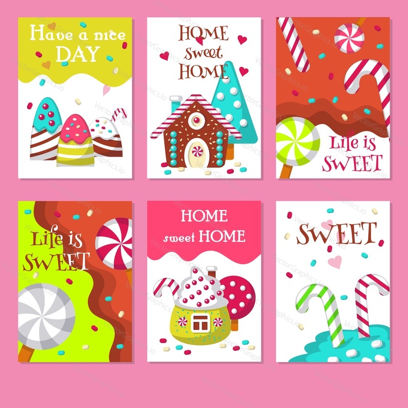 Векторный набор открыток со сладкими конфетами и вдохновляющими цитатами о жизни и доме. Конфеты, леденцы на палочке, леденцовые палочки, сладкие домики.
