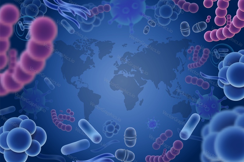 Virus attack or epidemic vector illustration. World map in frame of realistic microorganisms microscopic viruses and bacteria of various shape and color. Viral infections spreading all over the world.