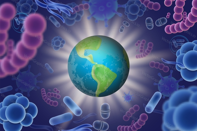 Bacterial and viral infections attack vector illustration. Planet Earth in frame of realistic microorganisms microscopic viruses and bacteria of various shape and color. Global epidemic concept.