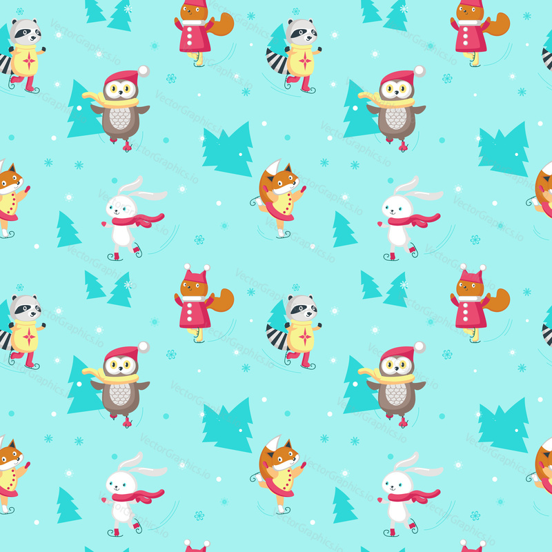Vector seamless pattern with cute animals squirrel, fox, raccoon, bunny and owl enjoying ice skating. Winter background, wallpaper, fabric, wrapping paper.