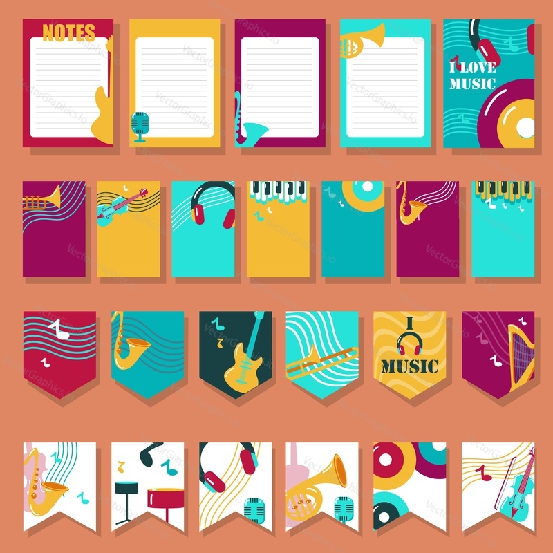 Vector set of cards, flags party decorations with musical instruments, music notes and accessories. Music flyer, invitation, notepad templates.