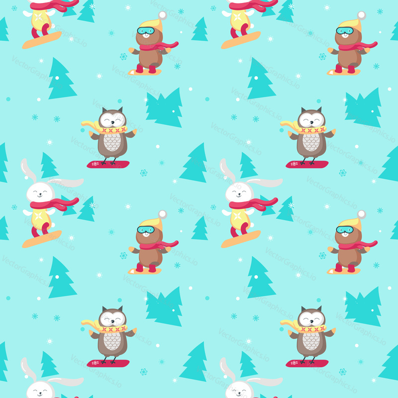 Vector seamless pattern with cute animals bear, bunny and owl enjoying snowboarding. Winter background, wallpaper, fabric, wrapping paper.