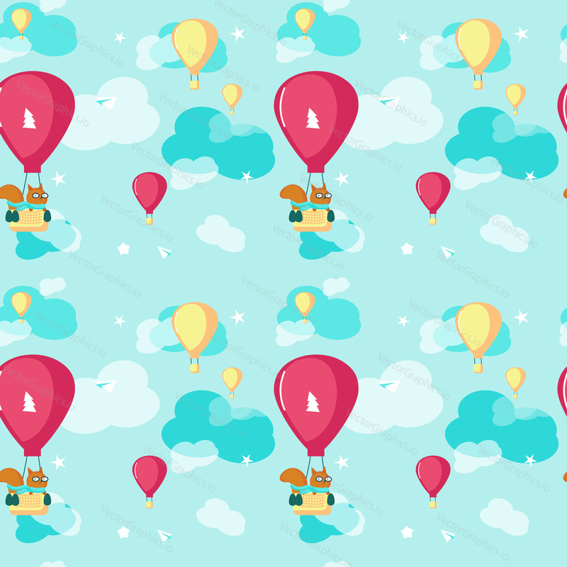Vector seamless pattern with cute little squirrel flying on hot air balloon. Funny pilot animal background, wallpaper, fabric, wrapping paper.