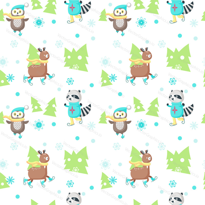 Vector seamless pattern with cute animals deer, raccoon and owl ice skating. Winter background, wallpaper, fabric, wrapping paper.