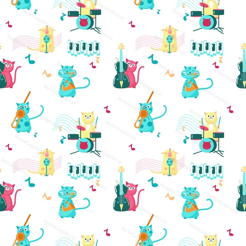 Vector seamless pattern with cute little cats playing musical instruments and singing. Funny music cats background, wallpaper, fabric, wrapping paper.