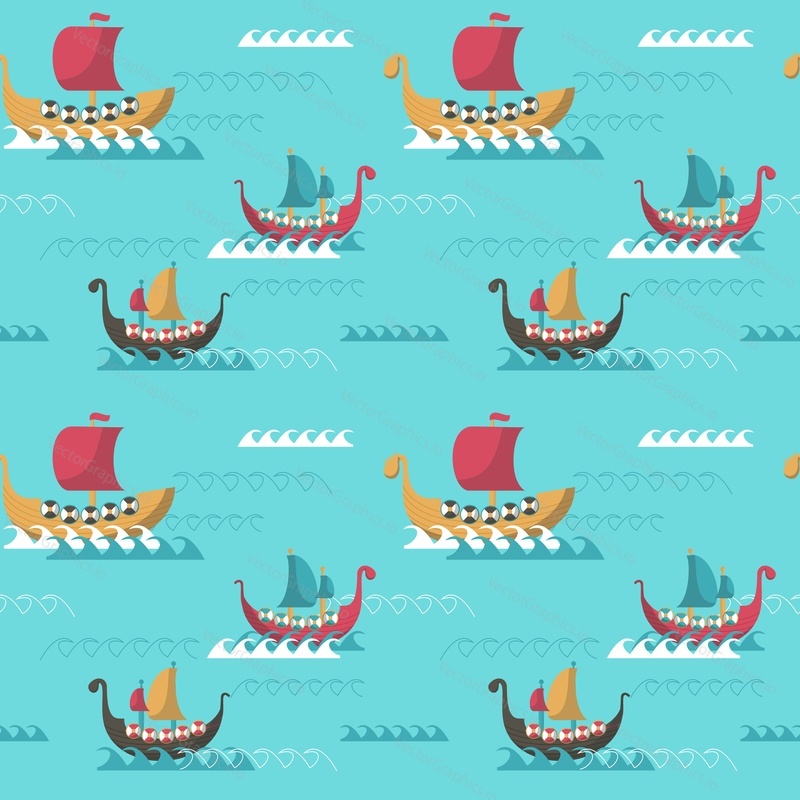 Vector seamless pattern with viking longships. Viking age ships background, wallpaper, fabric, wrapping paper.