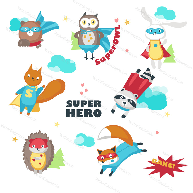 Superhero animals. Vector illustration isolated on white background. Cute little raccoon, rabbit, bear, owl, fox, squirrel and hedgehog in super hero costumes.