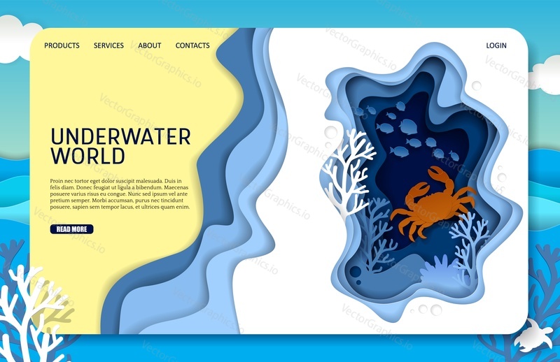 Underwater world landing page website template. Vector paper cut underwater sea cave with coral reef fish seaweed and crab.