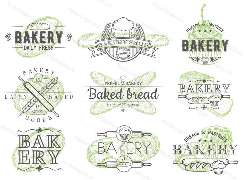 Bakery logo, badge, label, emblem set. Vector illustration in retro style. Baked bread, daily fresh baked goods, bakery shop vintage typography.