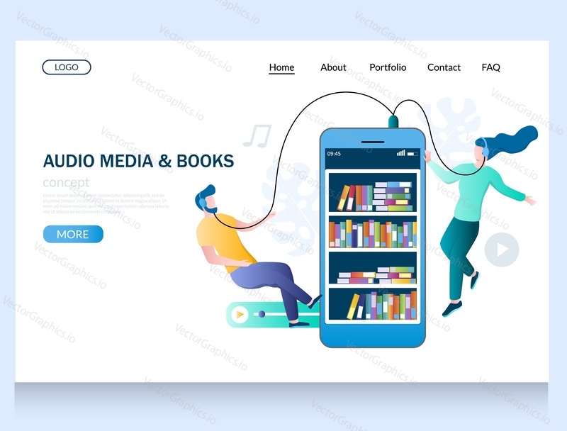 Audio media and books vector website template, web page and landing page design for website and mobile site development. People in headphones listening to audiobooks from mobile device.