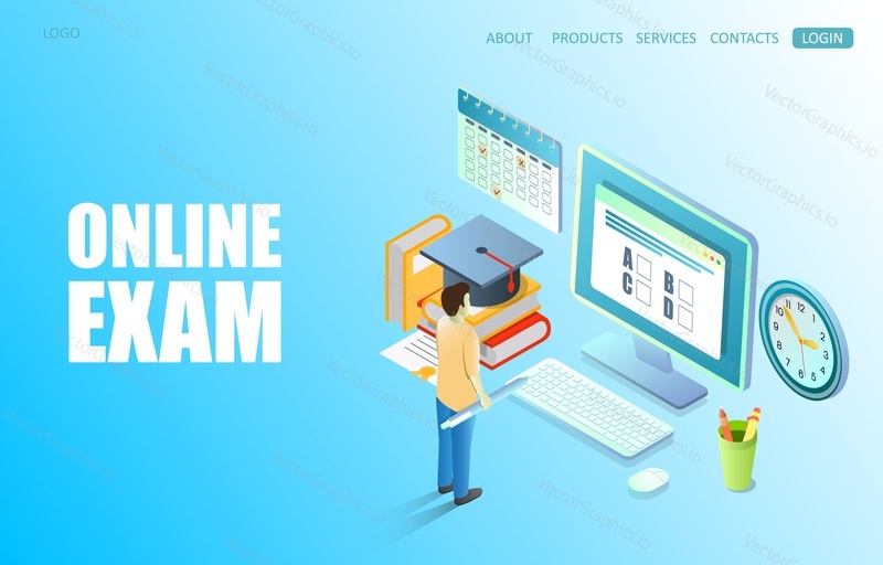 Online exam vector website template, web page and landing page design for website and mobile site development. Online quiz, testing, questionnaire concept.