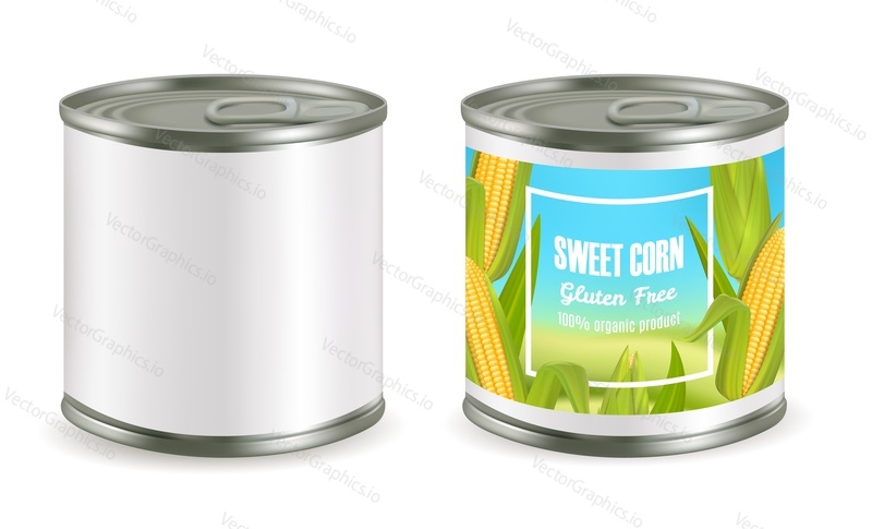 Canned sweet corn package mockup set, vector illustration isolated on white background. Two realistic tin cans with label and without it.