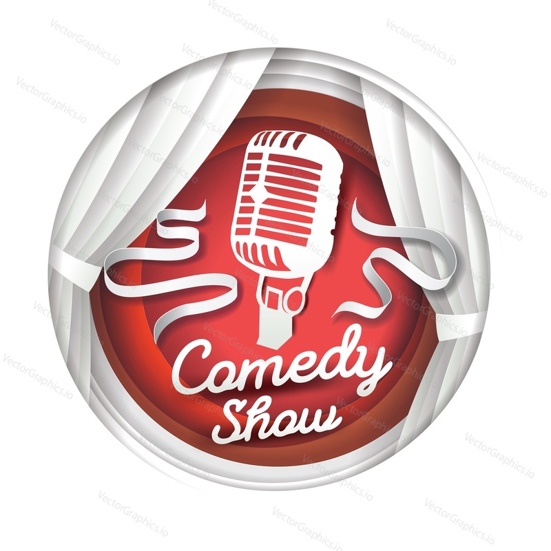 Comedy show, vector illustration in paper art modern craft style. Paper cut white theatre scene curtains and microphone silhouette, text, ribbons in circle.