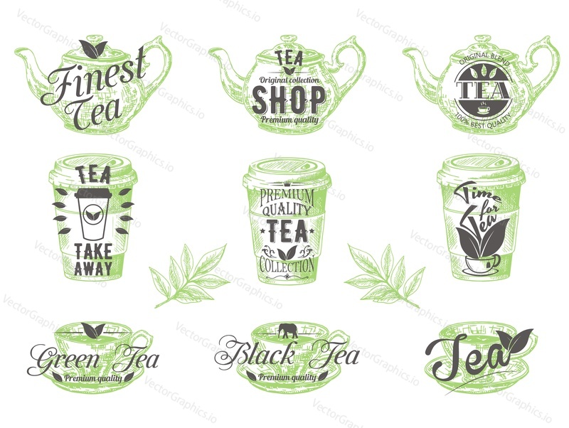 Tea logo, badge, label, emblem set, vector illustration in retro style. Tea shop vintage typography.
