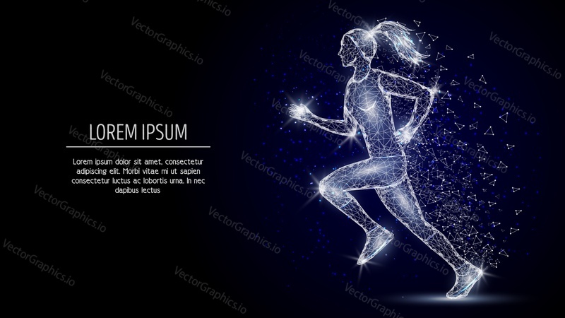 Sport concept vektorové plakát banner šablony. Běžící dívčí silueta, nízké poly drátěné pletivo. Ilustrace polygonálního uměleckého stylu se Spojenými body, čarami, tvary.