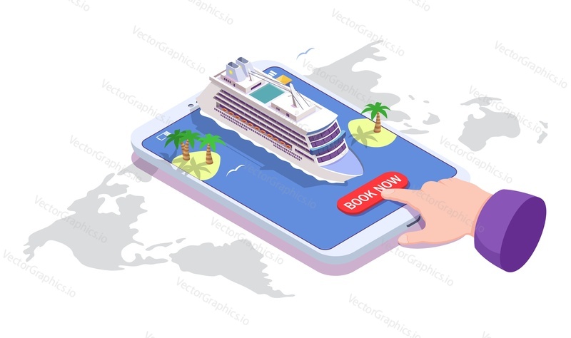 Sea cruise online rezervace. Vektorový izometrický smartphone s linkou pro cestující, ostrovy s palmami a lidskou rukou tlačící tlačítko Rezervovat. Výletní nabídky, koncept plavby pro webový banner, webová stránka.