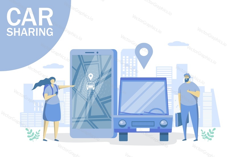 Car sharing vector flat illustration. People using mobile application to rent automobile. Online carpooling and car rental service concept for web banner, website page etc.