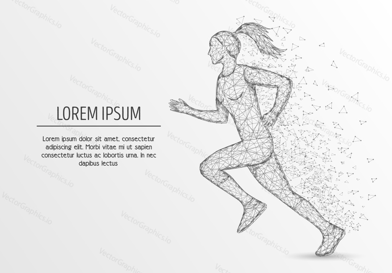 Never stop concept vector poster banner template. Running girl silhouette, low poly wireframe mesh. Polygonal art style illustration with connected points, lines, shapes.