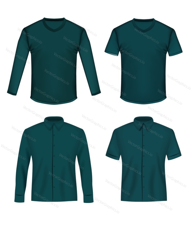 Shirt and t-shirt mockup set, vector illustration isolated on white background. Mens realistic clothing, front view.
