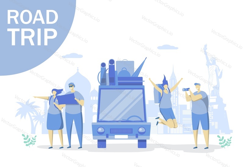 Road trip vector flat style design illustration. World travel by car, summer vacation concept with characters for web banner, website page etc.