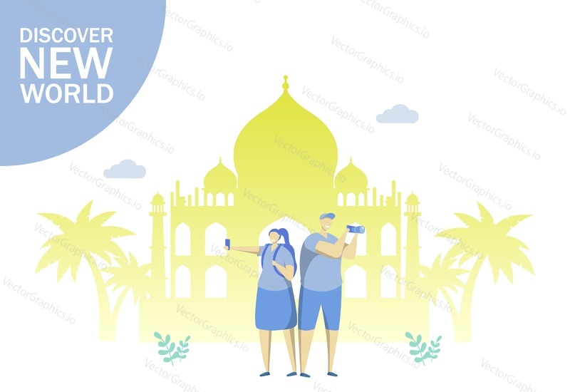 Discover new world vector flat style design illustration. Travel to Middle East concept with traveling couple taking photo and famous eastern landmarks for web banner, website page etc.