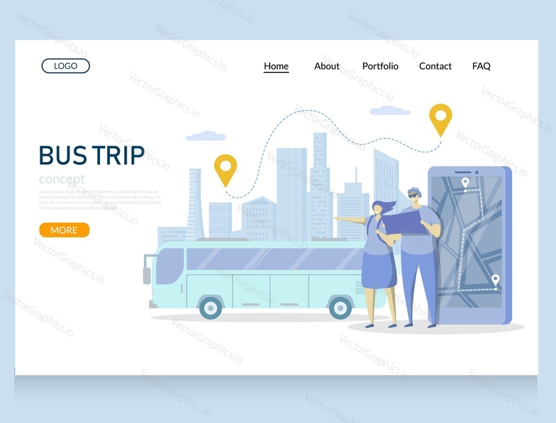 Bus trip vector website template, web page and landing page design for website and mobile site development. Road trip, bus city tour concept.