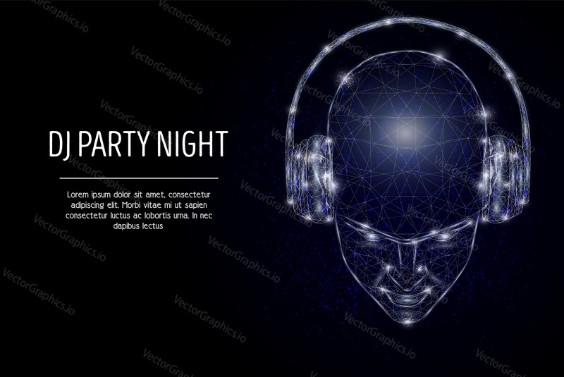 Dj party night, шаблон векторного плаката-баннера. Человеческая голова с наушниками, низкополигональная каркасная сетка. Иллюстрация в стиле полигонального искусства танцевального клуба dj music.