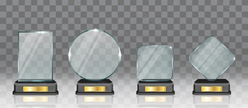 Realistic winner glass trophy set, vector illustration isolated on transparent background. Desktop acrylic awards to appreciate employee for excellent service etc.