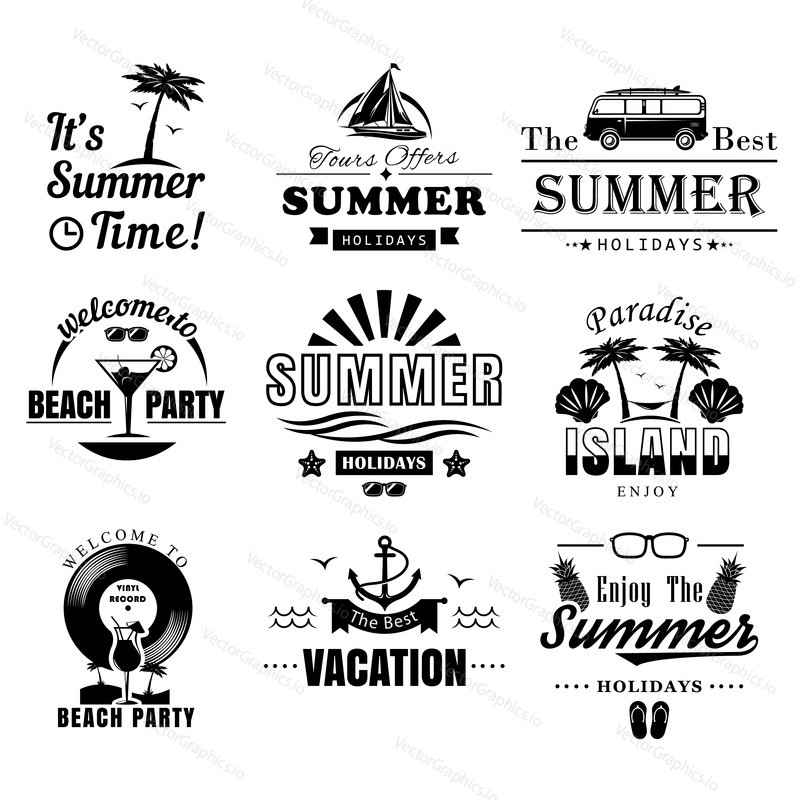 Vector set of summer camp, bus trip, beach party, tropical vacation vintage logos, emblems, labels and badges. Black and white monochrome illustration in retro style.