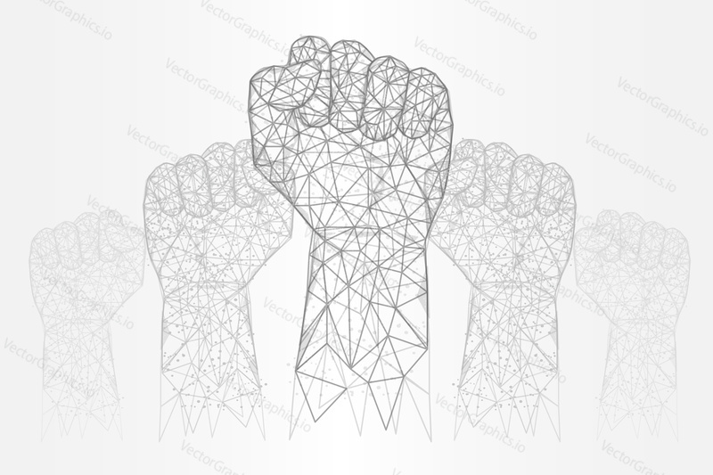 Zvednuté ruce nízké poly drátěné pletivo vyrobené z bodů, čar a tvarů. Vektorové polygonální umění styl ilustrace. Plakát banner šablona se zaťatou pěstí symbol moci, Boj, protest, odpor.