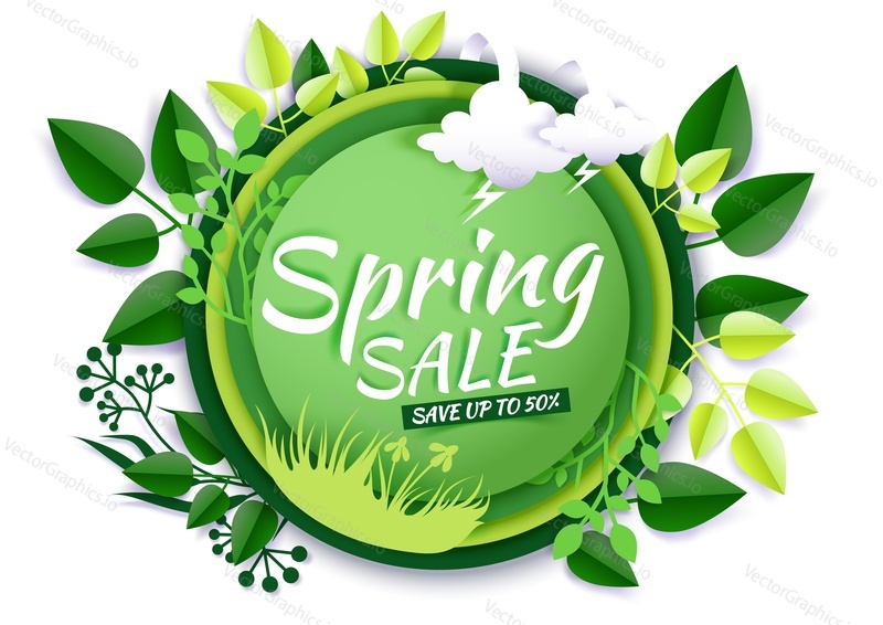Green foliage decorative frame Spring sale creative hand lettering typography, vector illustration in paper art craft style. Seasonal spring sale promotion banner, poster template.