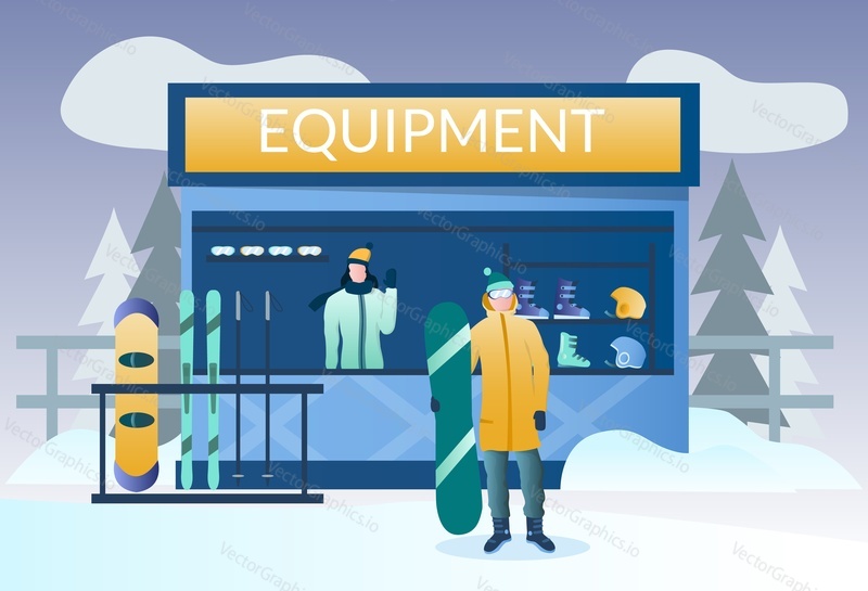 Lyžařské a snowboardové vybavení k pronájmu, vektorové ilustrace. Koncept pronájmu zimního sportovního vybavení pro webový banner, webovou stránku atd.