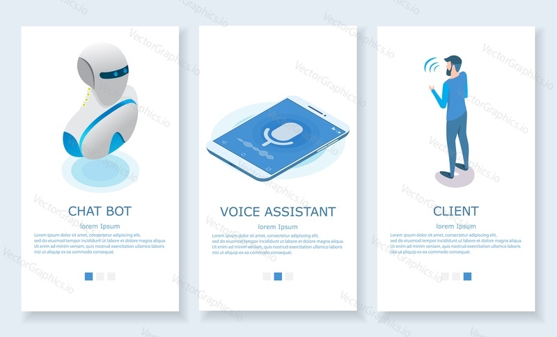 Vektorové sada osobní asistent koncept mobilní aplikace onboarding obrazovek. Chat bot, hlasový asistent a klient webové stránky design šablony a webové bannery.
