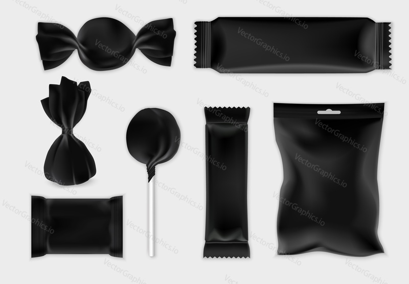 Chocolate and candy packaging mockup set, vector illustration isolated on white background. 3d realistic black blank plastic foil food snack storage bags, chocolate bar and candy wrappers.