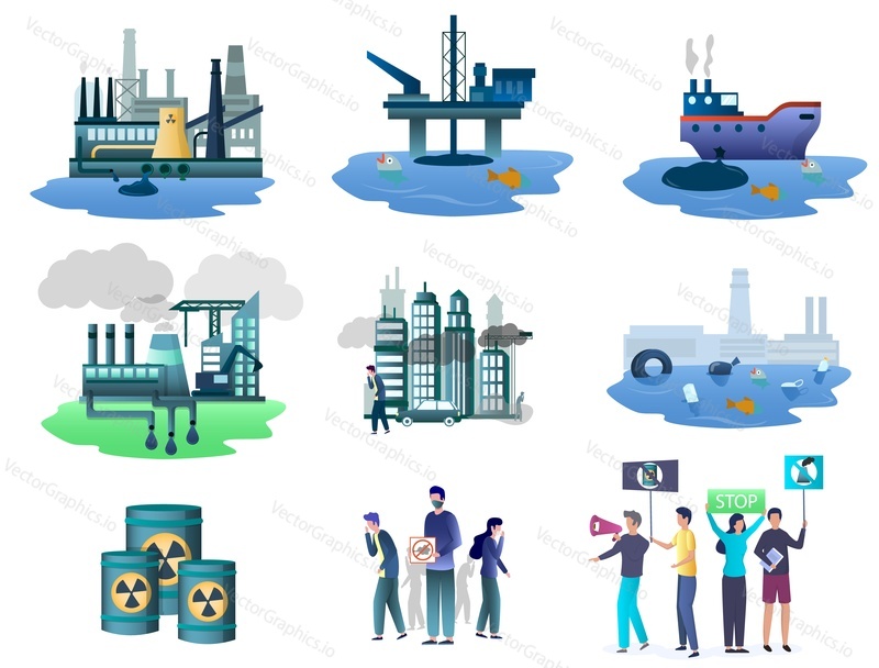 Ecology pollution sources and environmental activists with placards, banners, vector illustration isolated on white background. Air, water pollution by industrial production waste and plastic trash.
