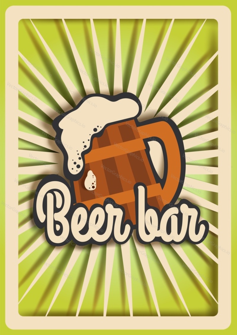 Fresh beer mug with foam, Beer bar creative hand lettering typography, vector illustration in paper art modern craft style. Retro pub poster design template.
