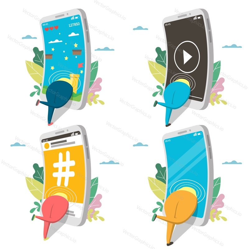 Smartphone závislost metaforická sada ikon. Vektorové ilustrace izolovaných na bílém pozadí. Lidé uvnitř velkých mobilních telefonů hrají videohry, sledování videa, používání sociálních médií, chatování atd.