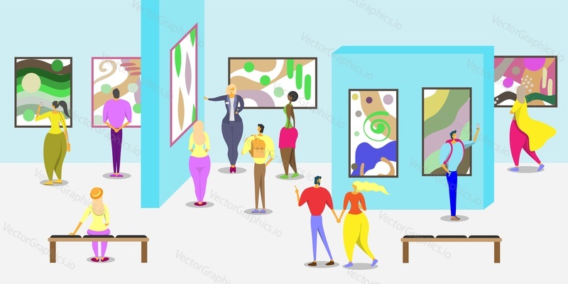 Galerie umění plakát web banner šablony, vektorové ilustrace. Muzeum nebo Galerie umění výstavní interiér s lidmi prohlížení moderní abstraktní umění malířské sbírky na stěnách.