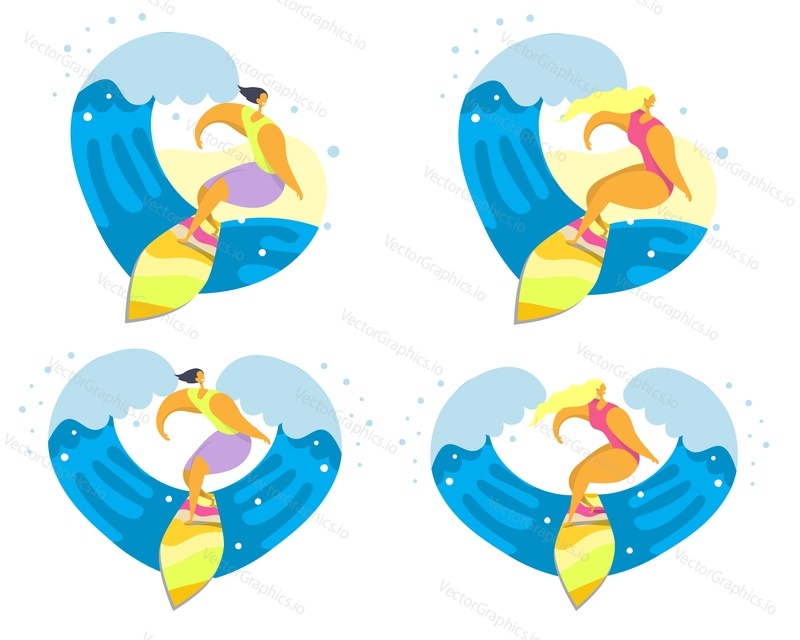 Surfer icon set, vektorové ploché styl design ilustrace izolovaných na bílém pozadí. Mladí muži a ženy cool kreslené postavičky na koni ocean wave.