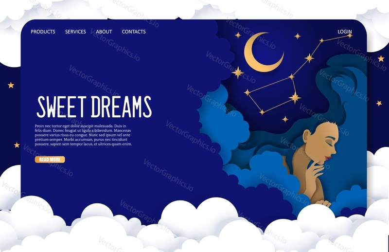 Šablona webových stránek Sweet dreams vector, design webových stránek a vstupních stránek pro vývoj webových stránek a mobilních stránek. Vrstvený papír řez styl spící dívka, hvězdná noční obloha.
