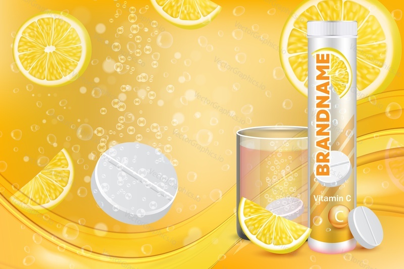 Šumivé vitamin C tablety reklamní plakát design šablony. Vektorové realistické rozpustné tablety plastová nádoba, sklenice vody s šumivou pilulkou, plátky citronu, šumivé bubliny a kopírovat prostor.
