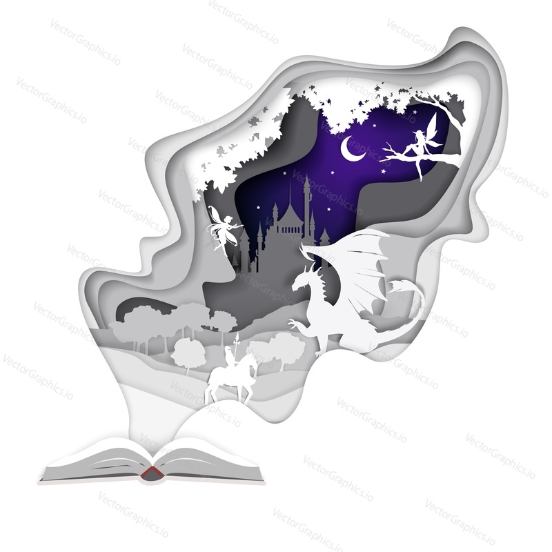 Open story book with cute magical fairy medieval knight and dragon characters silhouettes, vector illustration. Fairytale composition in paper art modern craft style.